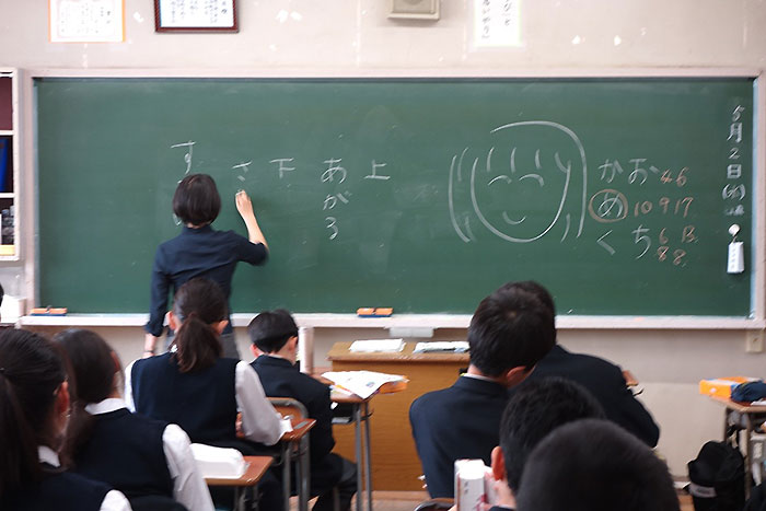 どちらの意味の数が多く載っているかを予想させるために「上がる」「下がる」と板書する柏野先生の写真