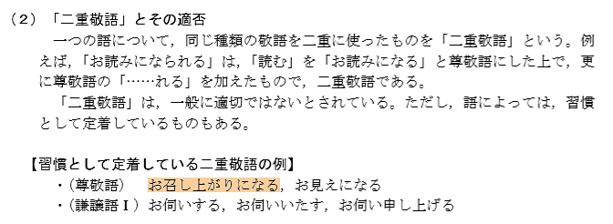 (2)「二重敬語」とその適否。一つの語について、同じ種類の敬語を二重に使ったものを「二重敬語」という。例えば、「お読みになられる」は、「読む」を「お読みになる」としたうえで、さらに尊敬語の「.....れる」を加えたもので、二重敬語である。「二重敬語」は一般的に適切ではないとされている。ただし、語によっては、習慣として定着しているものもある。【習慣として定着している二重敬語の例】（尊敬語）お召し上がりになる、お見えになる（謙譲語1）お伺いする、お伺いいたす、お伺い申し上げる