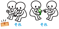 財布を指さす、ジュースを手に持っている