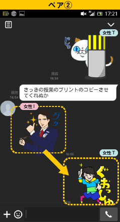 スタンプだけでやり取りがされるラインの画面
