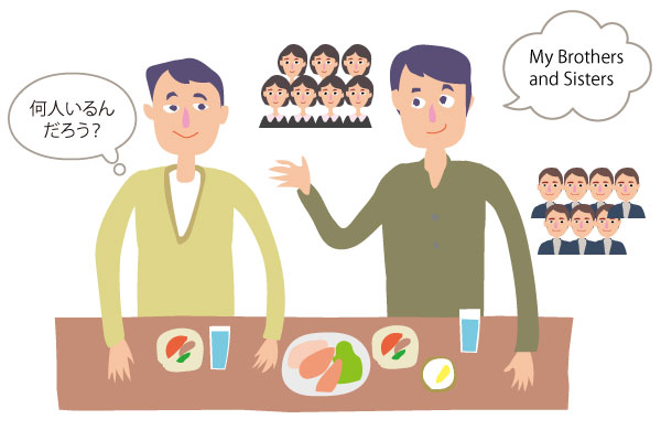 My Brothers and sisiters.と説明する人に向かって「何人いるんだろう？」と考える男性