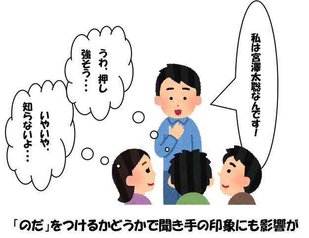 「わたしは宮崎太聡明なんです！」「うわ、押し強そう」「いやいや、知らないよ」「のだ」をつけるかどうかで聞き手の印象にも影響が