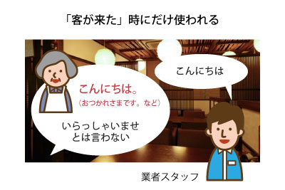 客が来た時にだけ使われるので、業者スタッフが来た場合に「いらっしゃいませ」は使われない