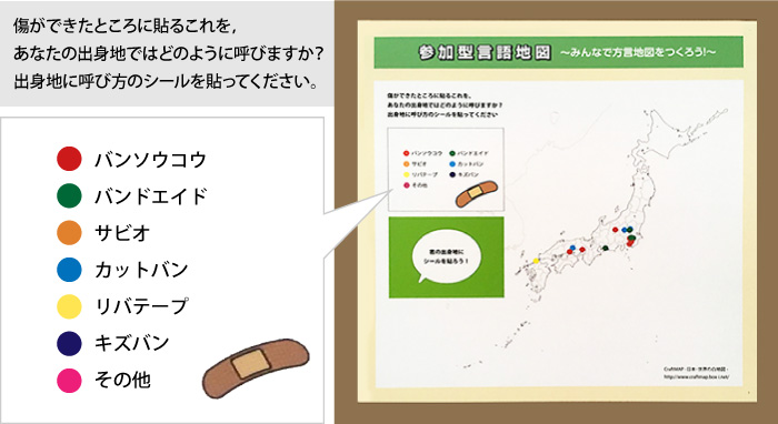 絆創膏の呼び名を問う言語地図展示。10枚程度シールが貼ってあります