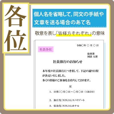 各位は個人名を省略して、同文の手紙や文章を送る場合のあて名