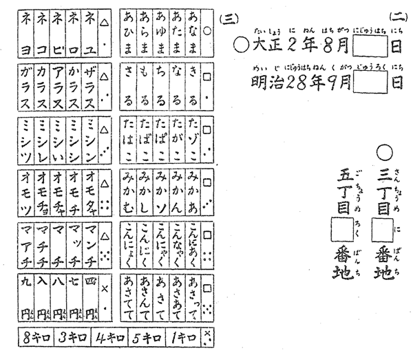 1948年の識字調査の問題用紙の一部。（問二）大正2年8月□（にじゅうはち）日、明治28年9月□（じゅうろく）日、三丁目□（に）番地、五丁目□（ろく）番地。（問三）「あなま、あたま、あゆま、あらま、あひま」などの5つの選択肢が並び、13問ある。