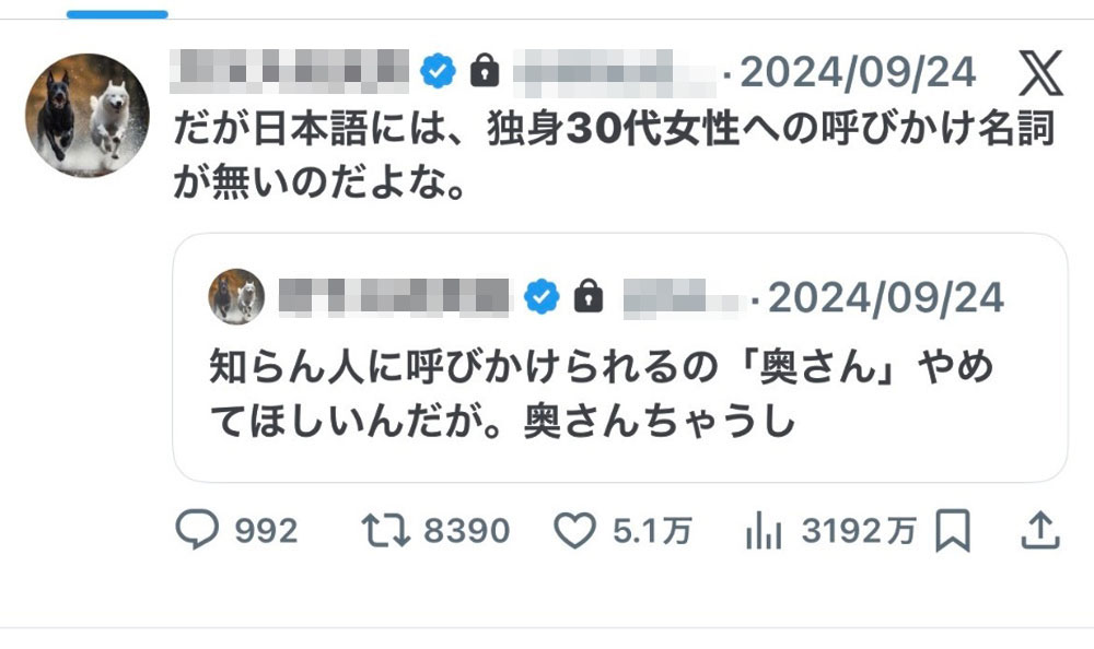Xのポスト画面「だが日本語には、独身30代女性への呼びかけ名詞が無いのだよな。」
